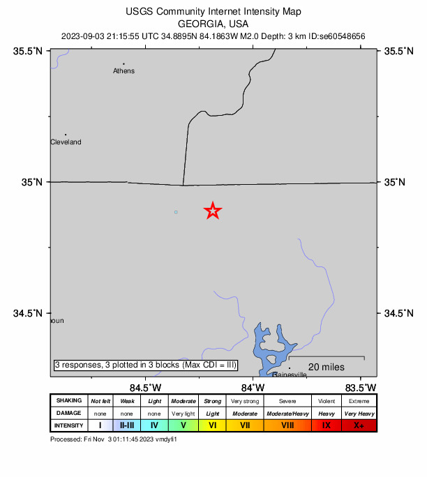 USGS DYFI community-reported intensity map for the M2.0 earthquake near 6 km ENE of Morganton, Georgia