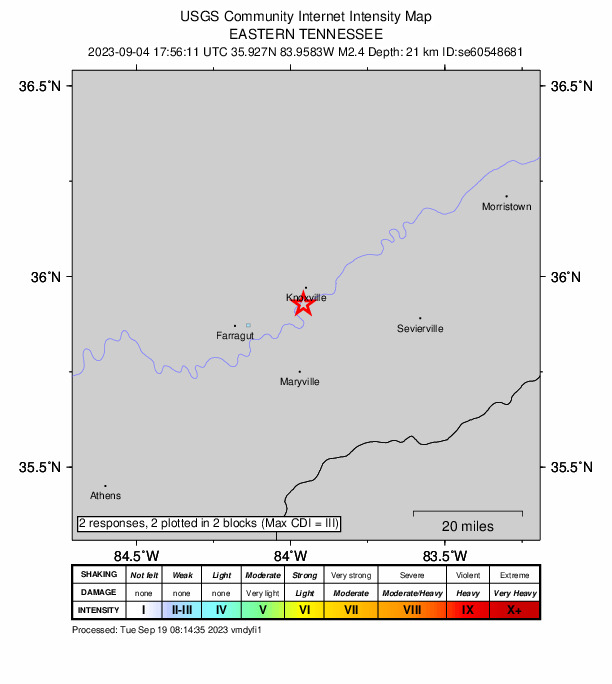 USGS DYFI community-reported intensity map for the M2.4 earthquake near Tennessee-North Carolina border region