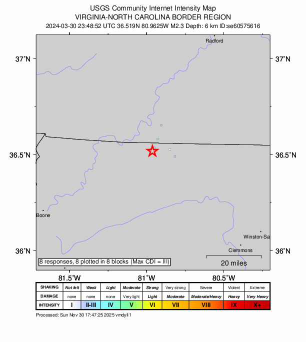 USGS DYFI community-reported intensity map for the M2.3 earthquake near 8 km W of Lowgap, North Carolina