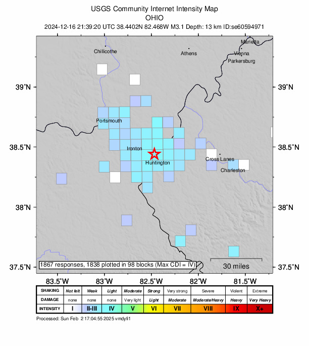 USGS DYFI community-reported intensity map for the M3.1 earthquake near 1 km NW of Chesapeake, Ohio
