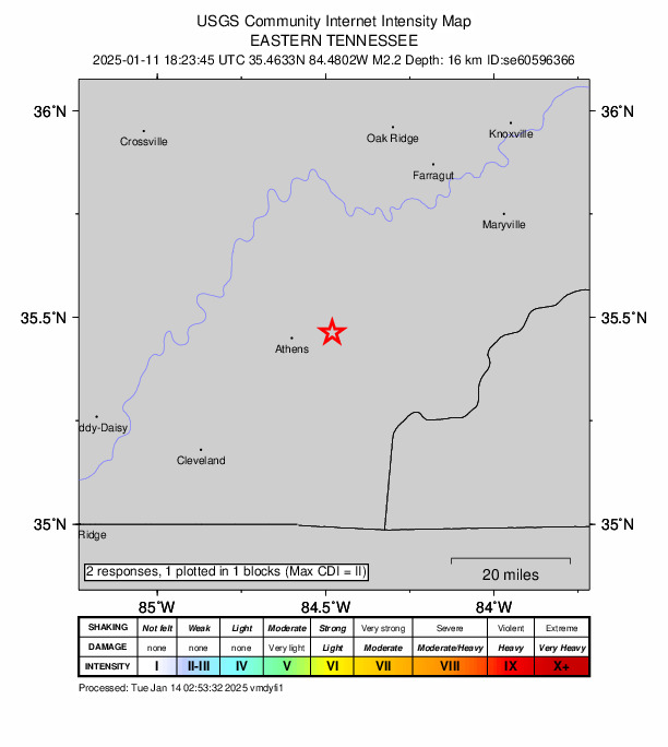 USGS DYFI community-reported intensity map for the M2.2 earthquake near 4 km N of Englewood, Tennessee