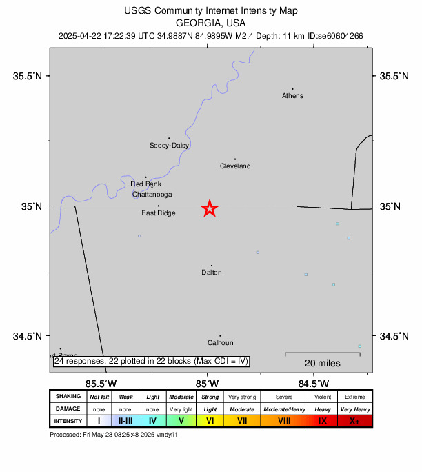USGS DYFI community-reported intensity map for the M2.4 earthquake near 4 km NW of Cohutta, Georgia