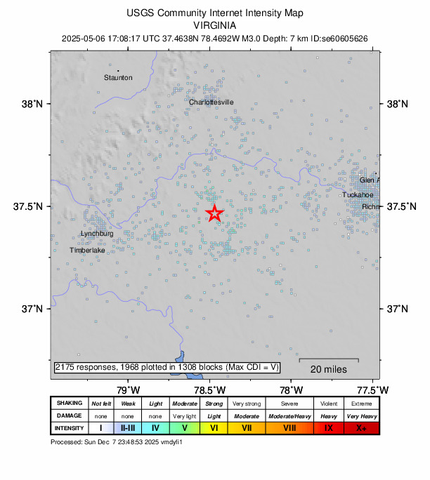 USGS DYFI community-reported intensity map for the M3.0 earthquake near 8 km S of Dillwyn, Virginia