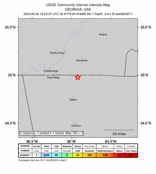 USGS DYFI community-reported intensity map for the M2.1 earthquake near 3 km ENE of Cohutta, Georgia