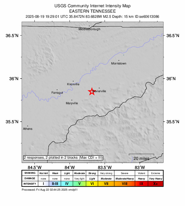 USGS DYFI community-reported intensity map for the M2.5 earthquake near 6 km SE of Seymour, Tennessee