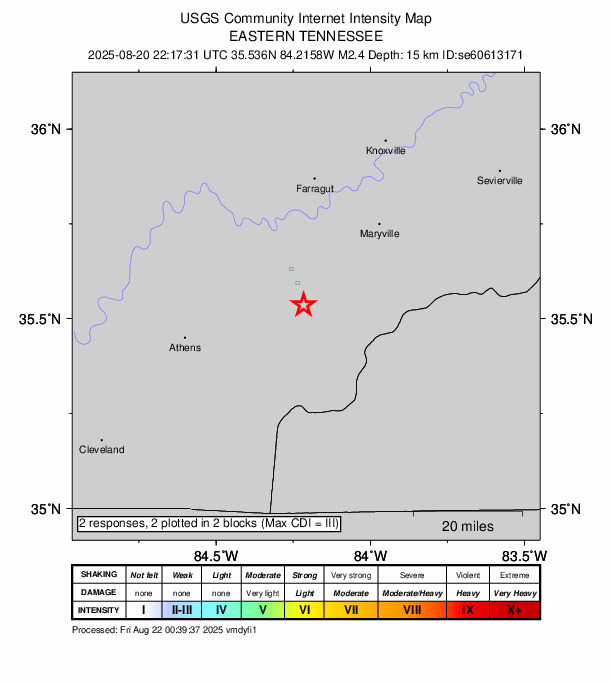 USGS DYFI community-reported intensity map for the M2.4 earthquake near 6 km SSE of Vonore, Tennessee
