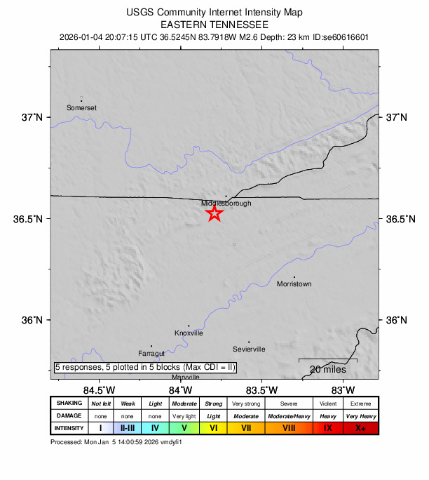 USGS DYFI community-reported intensity map for the M2.6 earthquake near 11 km SW of Middlesboro, Kentucky