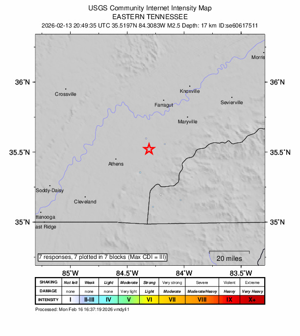 USGS DYFI community-reported intensity map for the M2.5 earthquake near 5 km E of Madisonville, Tennessee