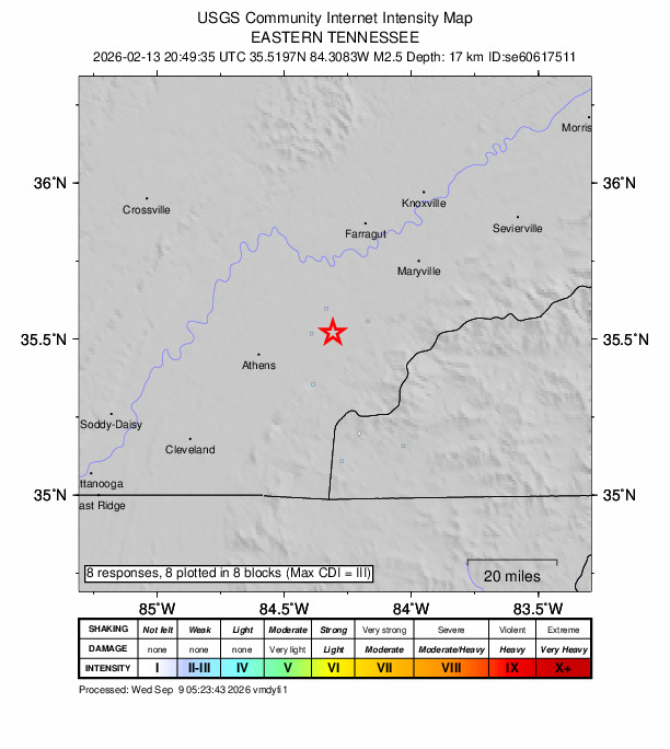 USGS DYFI community-reported intensity map for the M2.5 earthquake near 5 km E of Madisonville, Tennessee