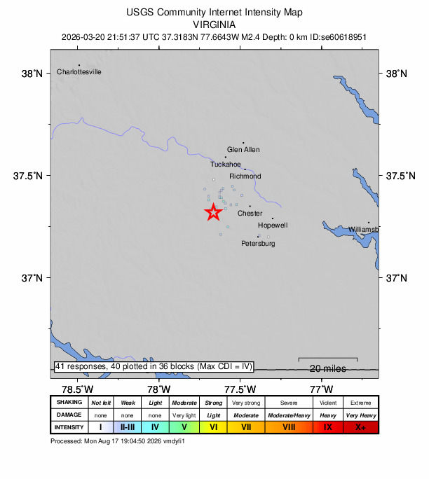 USGS DYFI community-reported intensity map for the M2.4 earthquake near 11 km S of Woodlake, Virginia