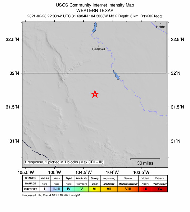 USGS DYFI community-reported intensity map for the M3.2 earthquake near 54 km S of Whites City, New Mexico