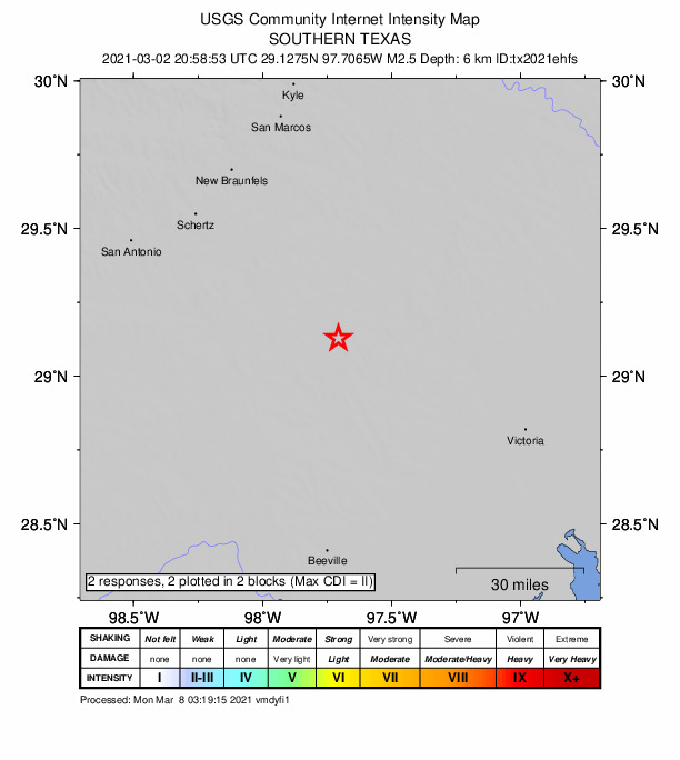 USGS DYFI community-reported intensity map for the M2.5 earthquake near 17 km SSW of Smiley, Texas