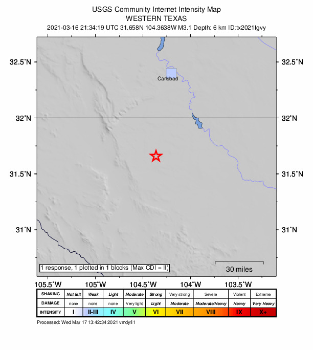 USGS DYFI community-reported intensity map for the M3.1 earthquake near 57 km S of Whites City, New Mexico