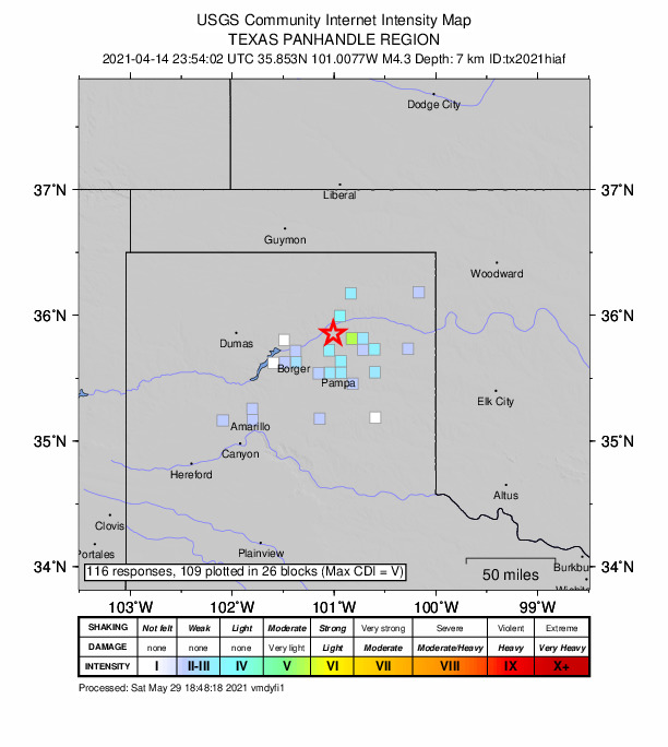 USGS DYFI community-reported intensity map for the M4.3 earthquake near 34 km NNE of Skellytown, Texas
