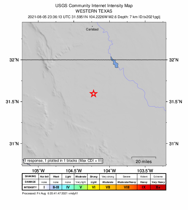 USGS DYFI community-reported intensity map for the M2.6 earthquake near 51 km NW of Toyah, Texas