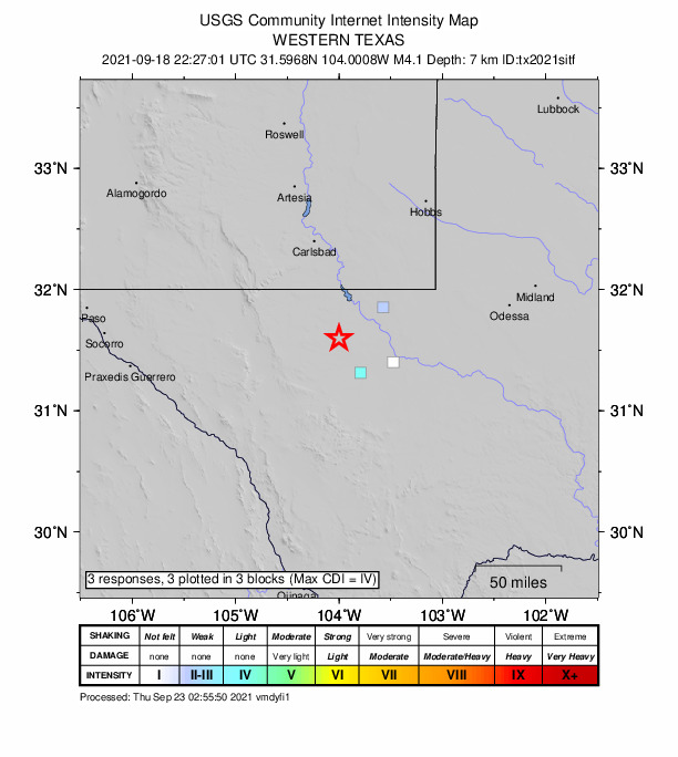 USGS DYFI community-reported intensity map for the M4.1 earthquake near 36 km NNW of Toyah, Texas