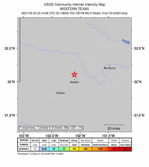 USGS DYFI community-reported intensity map for the M2.5 earthquake near 12 km N of Midland, Texas