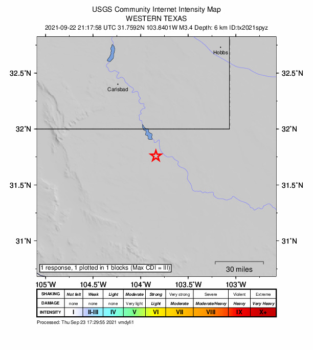 USGS DYFI community-reported intensity map for the M3.4 earthquake near 23 km WNW of Mentone, Texas