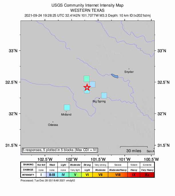 USGS DYFI community-reported intensity map for the M3.3 earthquake near 12 km S of Ackerly, Texas