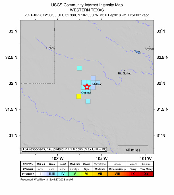 USGS DYFI community-reported intensity map for the M3.6 earthquake near 9 km NNE of Odessa, Texas