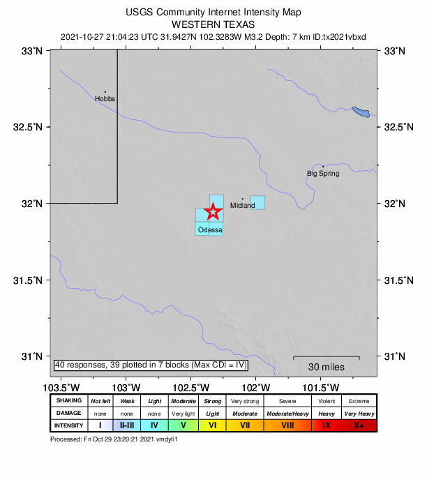 USGS DYFI community-reported intensity map for the M3.2 earthquake near 9 km SSE of Gardendale, Texas