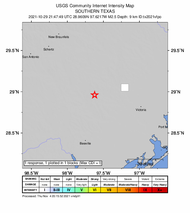 USGS DYFI community-reported intensity map for the M2.4 earthquake near 6 km NNW of Nordheim, Texas