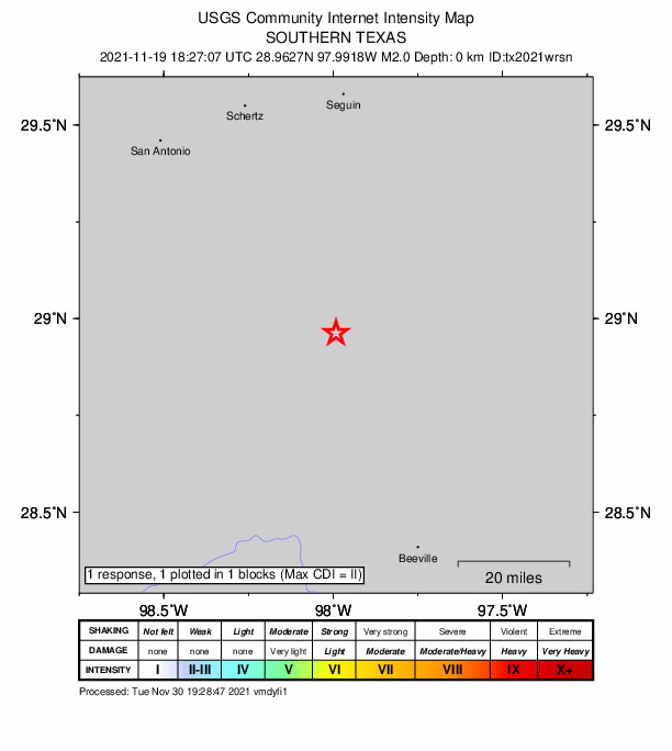 USGS DYFI community-reported intensity map for the M2.1 earthquake near 2 km SE of Falls City, Texas