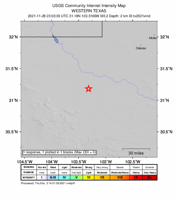 USGS DYFI community-reported intensity map for the M3.2 earthquake near 25 km WSW of Coyanosa, Texas