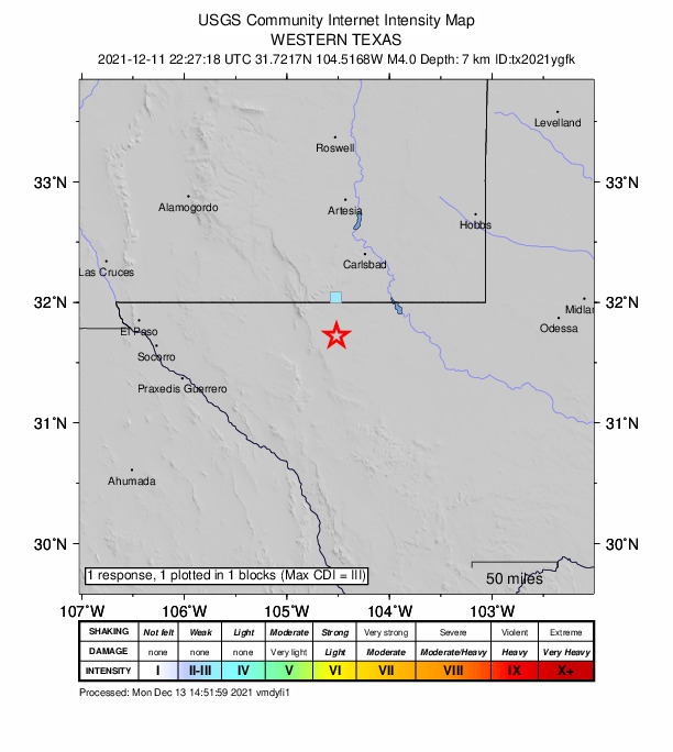 USGS DYFI community-reported intensity map for the M4.0 earthquake near 52 km SSW of Whites City, New Mexico