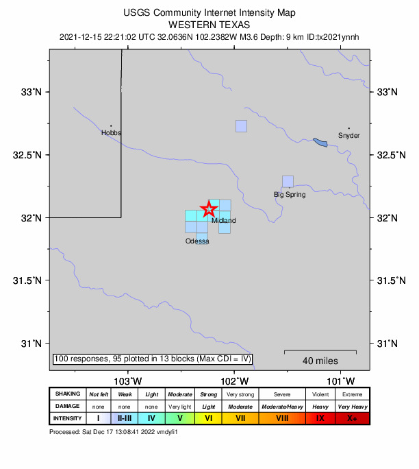 USGS DYFI community-reported intensity map for the M3.6 earthquake near 14 km ENE of Gardendale, Texas