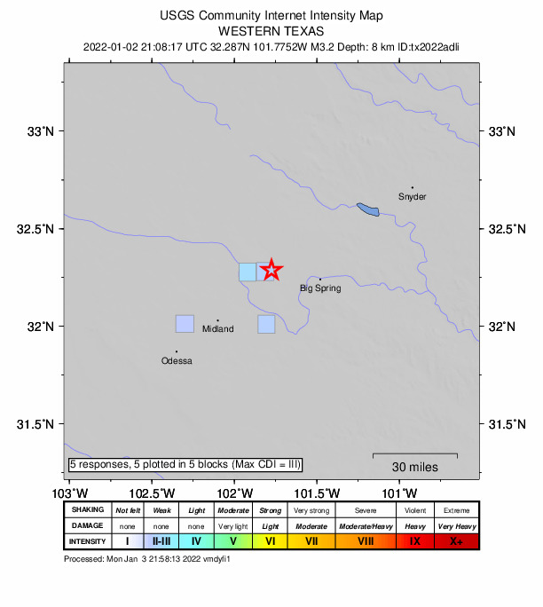 USGS DYFI community-reported intensity map for the M3.2 earthquake near 17 km N of Stanton, Texas