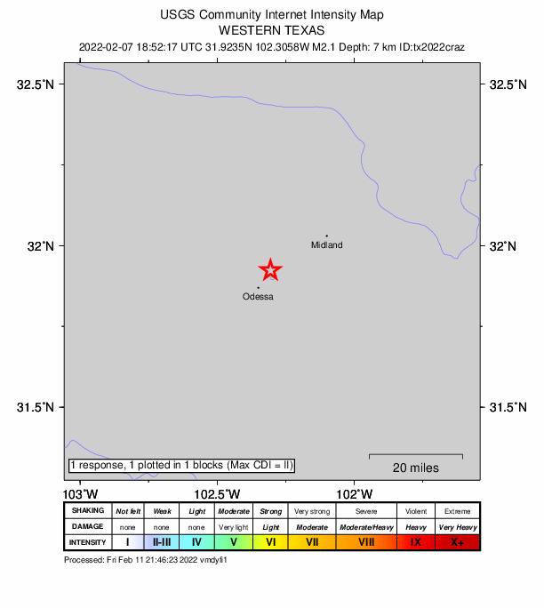 USGS DYFI community-reported intensity map for the M2.1 earthquake near 10 km NE of Odessa, Texas