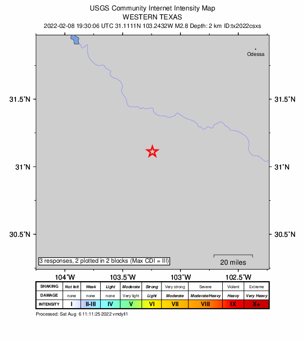 USGS DYFI community-reported intensity map for the M2.8 earthquake near 22 km SW of Coyanosa, Texas
