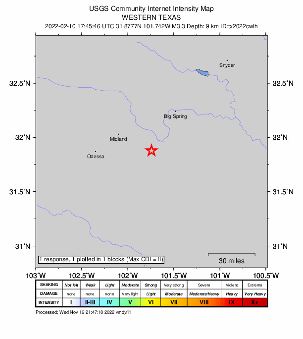 USGS DYFI community-reported intensity map for the M3.3 earthquake near 24 km W of Garden City, Texas
