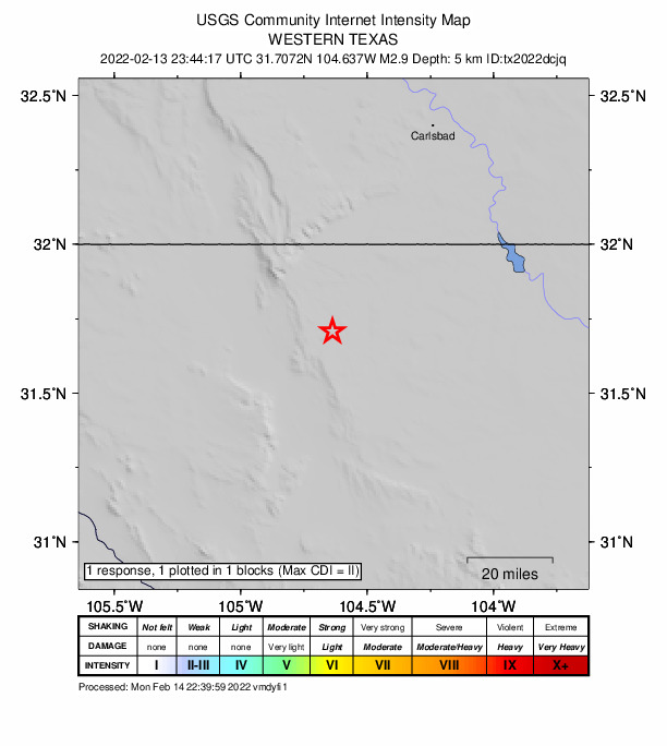 USGS DYFI community-reported intensity map for the M2.9 earthquake near 57 km SSW of Whites City, New Mexico