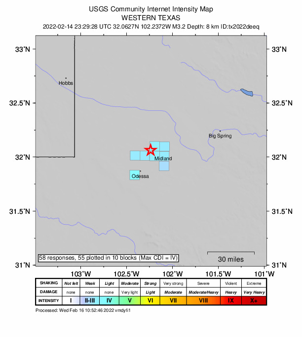USGS DYFI community-reported intensity map for the M3.2 earthquake near 14 km ENE of Gardendale, Texas