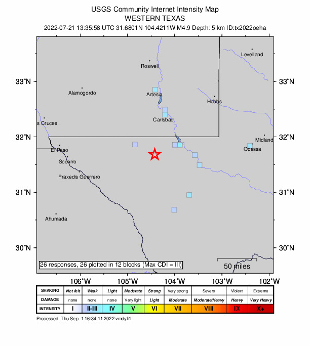 USGS DYFI community-reported intensity map for the M4.9 earthquake near 55 km S of Whites City, New Mexico