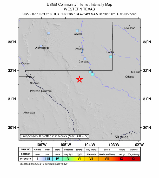 USGS DYFI community-reported intensity map for the M4.5 earthquake near 54 km S of Whites City, New Mexico