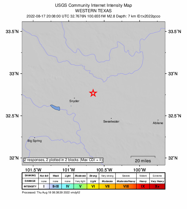 USGS DYFI community-reported intensity map for the M2.8 earthquake near 17 km NNE of Hermleigh, Texas