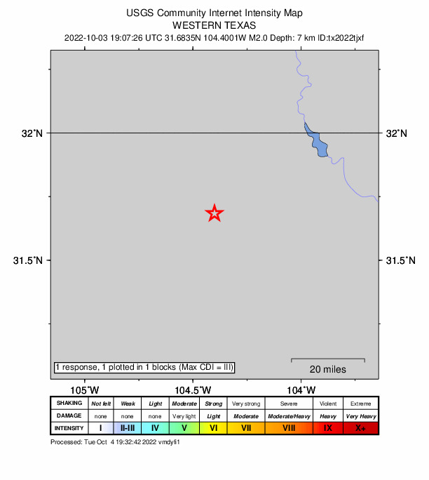 USGS DYFI community-reported intensity map for the M2.0 earthquake near 54 km S of Whites City, New Mexico
