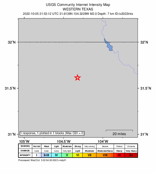 USGS DYFI community-reported intensity map for the M2.0 earthquake near 60 km WNW of Toyah, Texas