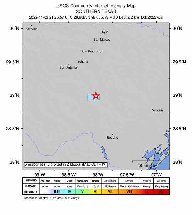 USGS DYFI community-reported intensity map for the M3.0 earthquake near 3 km W of Falls City, Texas