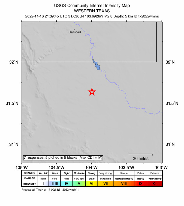 USGS DYFI community-reported intensity map for the M2.8 earthquake near 37 km WSW of Mentone, Texas