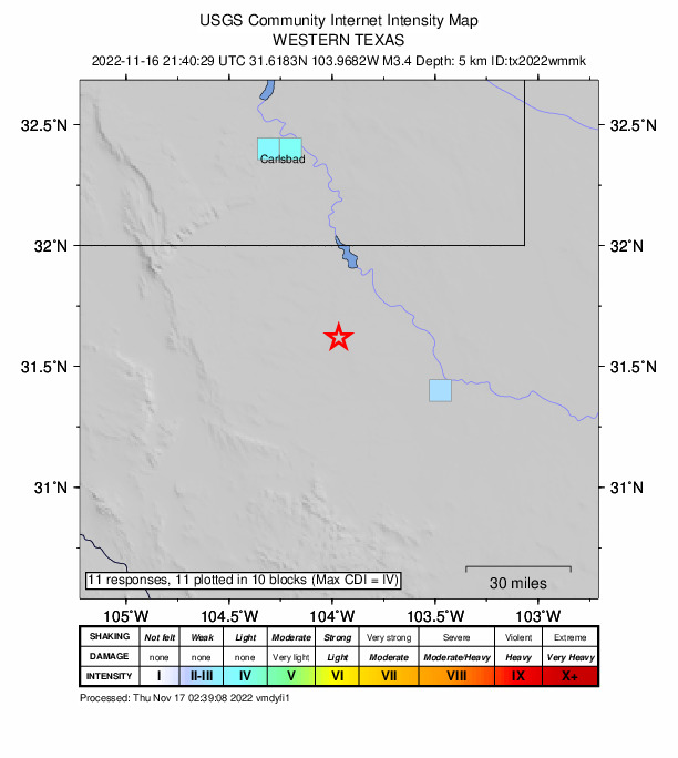 USGS DYFI community-reported intensity map for the M3.3 earthquake near 36 km WSW of Mentone, Texas