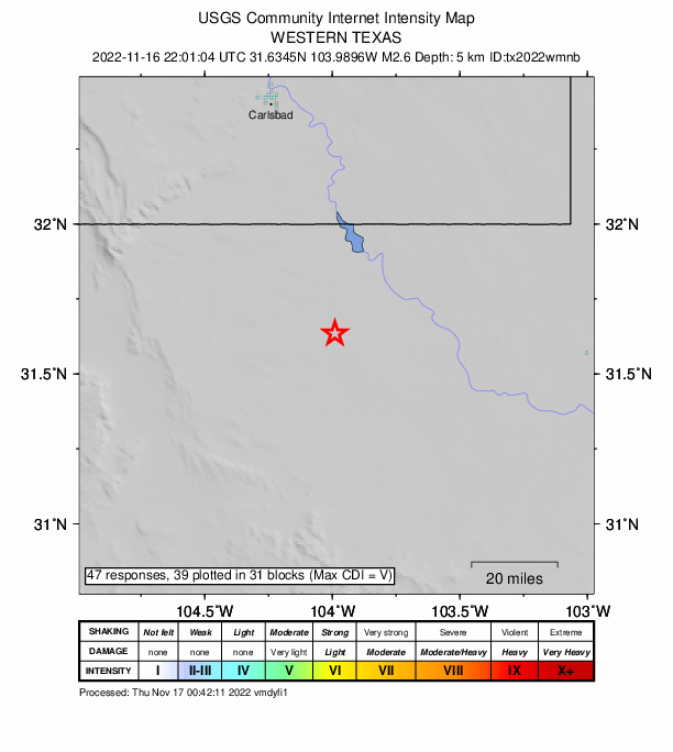 USGS DYFI community-reported intensity map for the M2.6 earthquake near 37 km WSW of Mentone, Texas