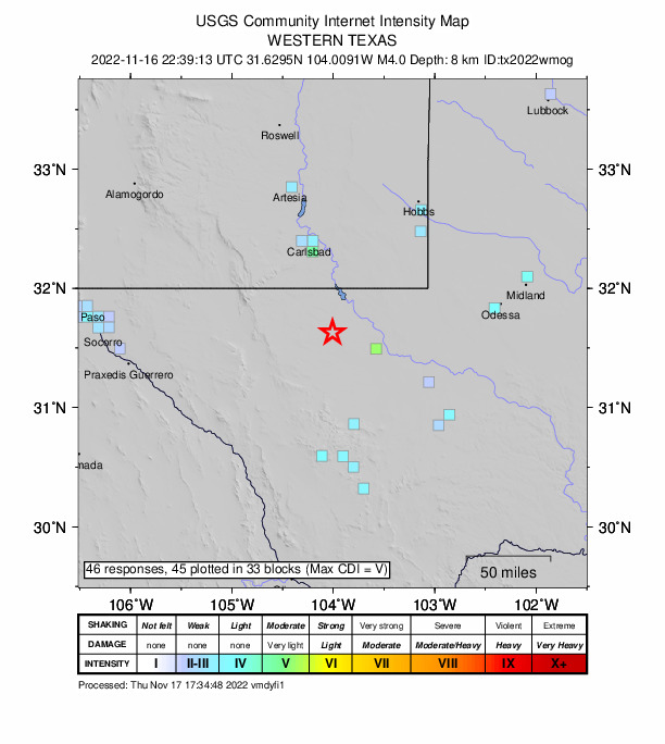 USGS DYFI community-reported intensity map for the M4.0 earthquake near 39 km WSW of Mentone, Texas
