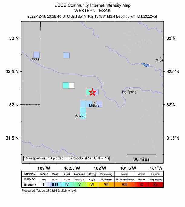 USGS DYFI community-reported intensity map for the M3.4 earthquake near 21 km NNW of Midland, Texas