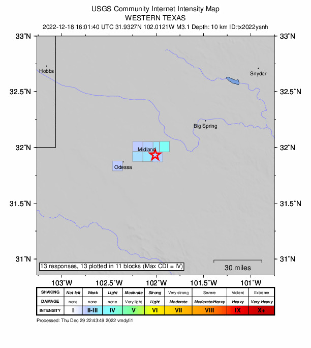 USGS DYFI community-reported intensity map for the M3.1 earthquake near 9 km SE of Midland, Texas