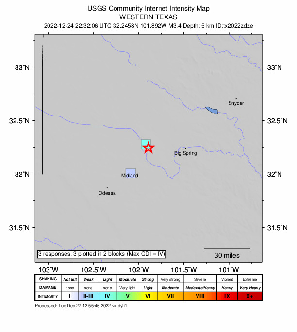 USGS DYFI community-reported intensity map for the M3.4 earthquake near 16 km NW of Stanton, Texas