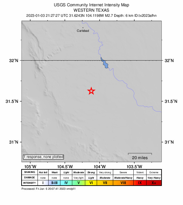 USGS DYFI community-reported intensity map for the M2.7 earthquake near 46 km NW of Toyah, Texas